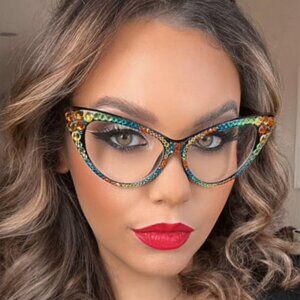 Bedazzled Crystal Cat Eye Glasses - Optical Frames w/Clear Lenses